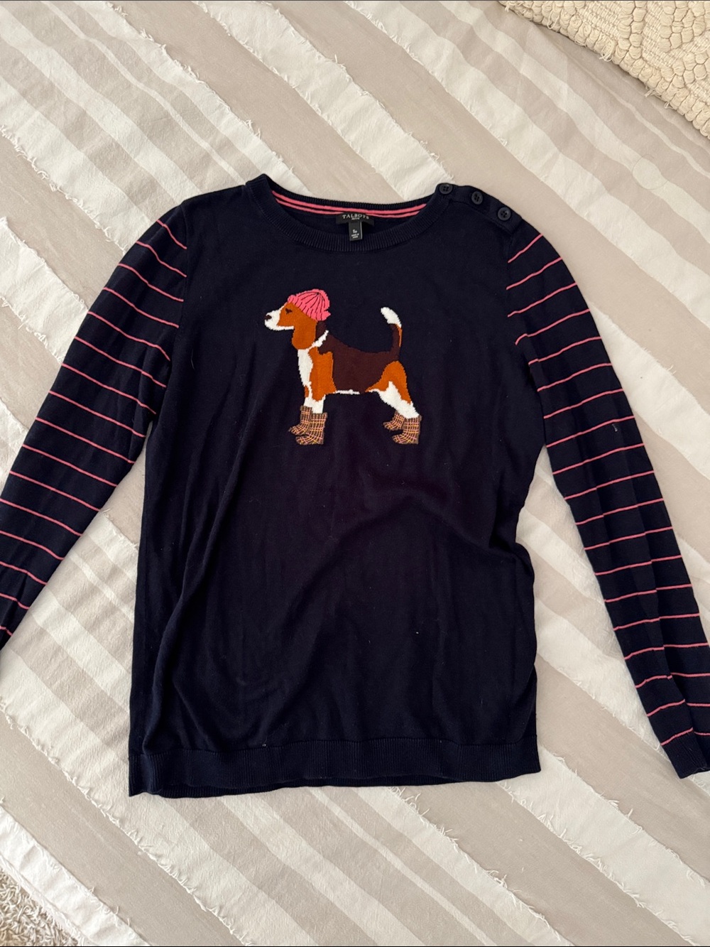TALBOTS Navy Crewneck Sweater with Beagle and Pink-Striped Sleeves